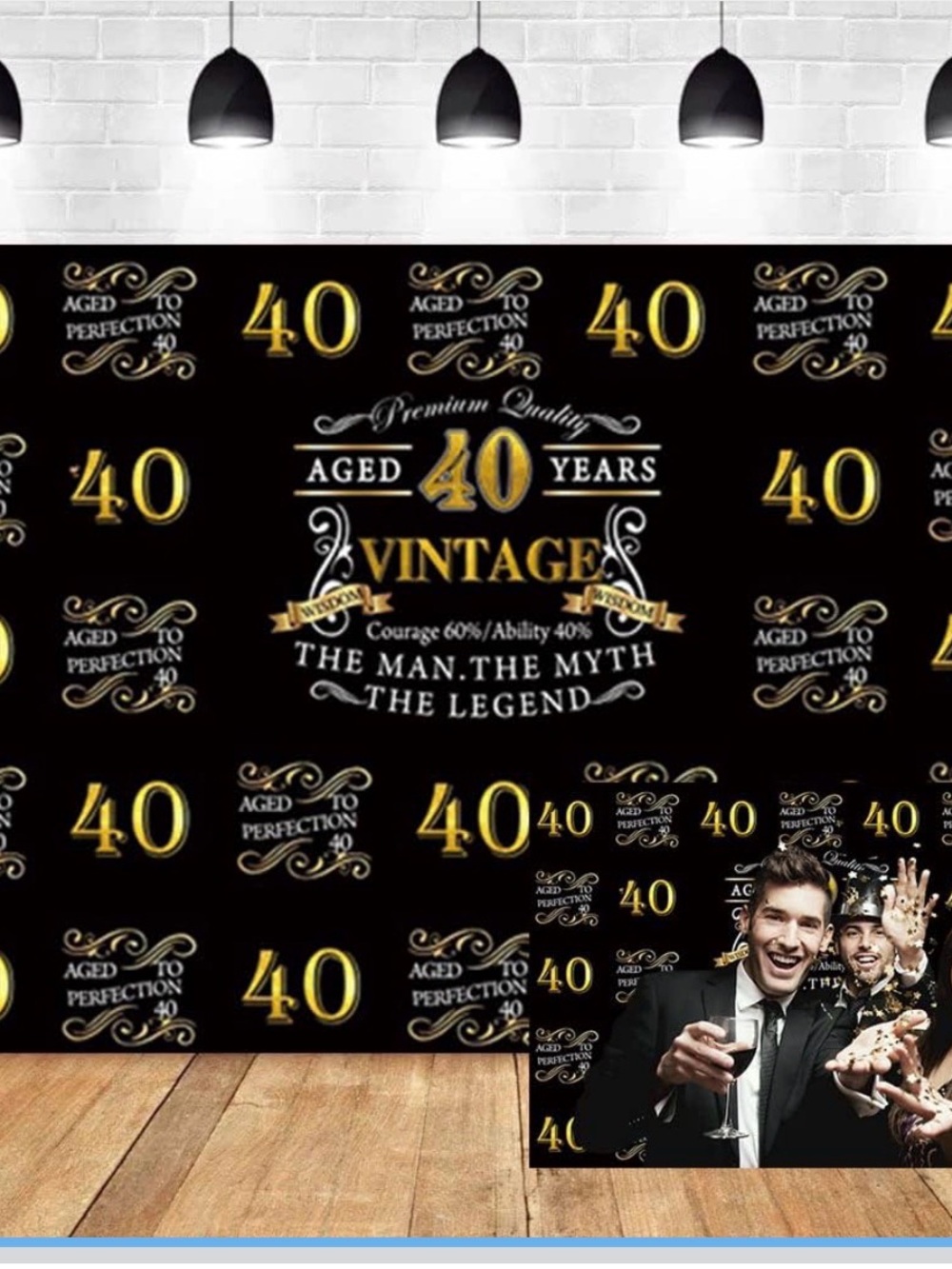 NWT - 40th Birthday Vinyl Black and Gold Party Backdrop - 7' x 5'